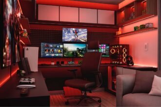 Jogos Como Serviço (GaaS): Por Que Esse Modelo Continua Crescendo em 2025 interior design, home office, modern interior, bedroom, study, pc, earphone, headphones, music, sound, technology, games, playstation, gamer, ps4, ps5, console, play, xbox, red, space red, night, led, dark, render