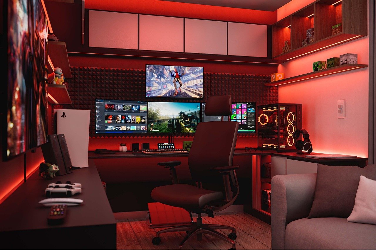 interior design, home office, modern interior, bedroom, study, pc, earphone, headphones, music, sound, technology, games, playstation, gamer, ps4, ps5, console, play, xbox, red, space red, night, led, dark, render