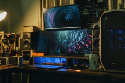 A cozy indoor modern computer setup with dual monitors and creative lighting.