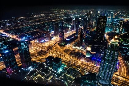 Smart Cities: Como a Tecnologia Está Transformando as Cidades do Futuro A stunning aerial view of Dubai's illuminated skyline at night, showcasing its modern architecture and busy roads.