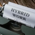 Retro typewriter with 'Hybrid Work' text, symbolizing modern work trends.